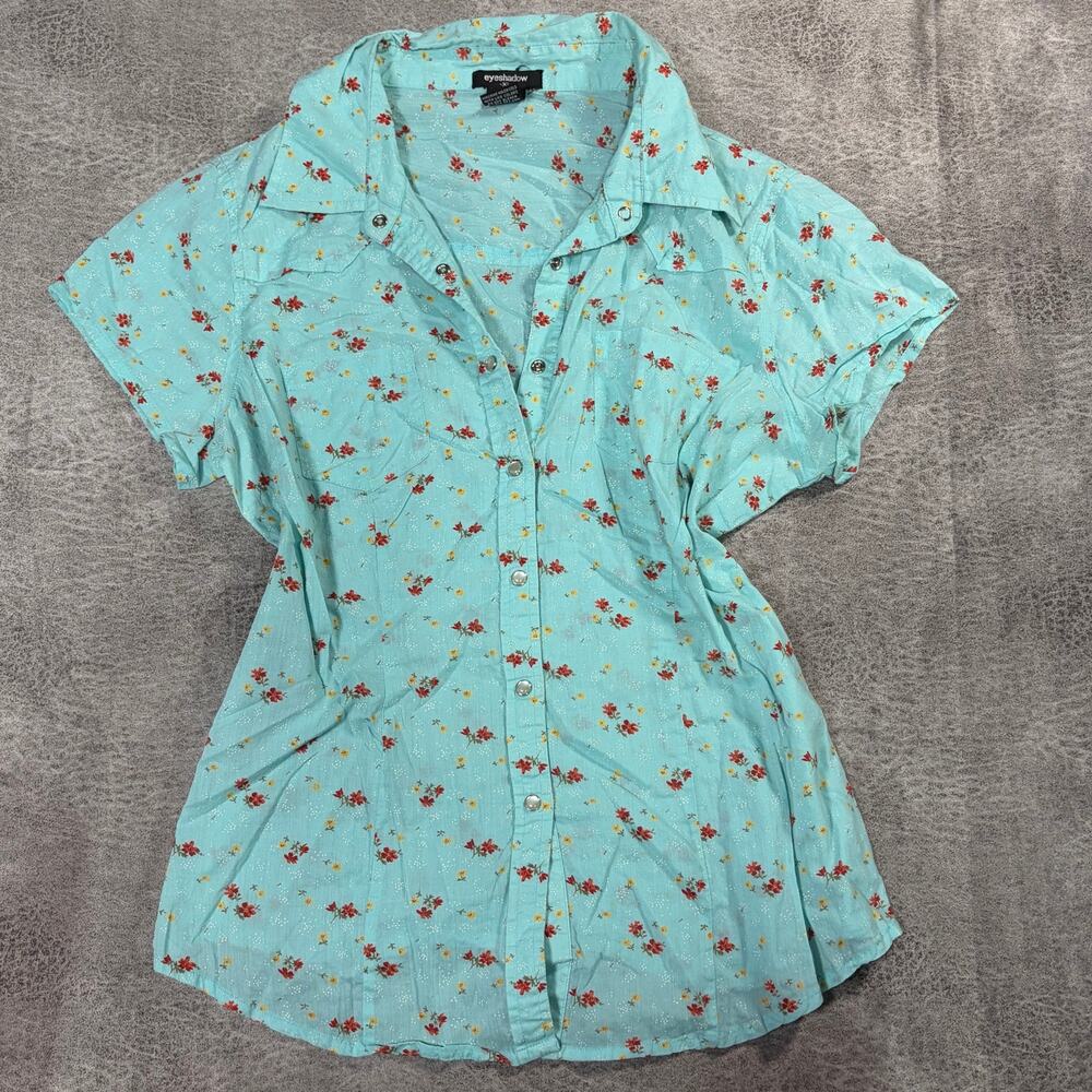 Blue Floral Embroidered Button Up Top